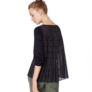 LOFT Mixed Media Pleated Chiffon Sweater, Navy blue plaid, size medium